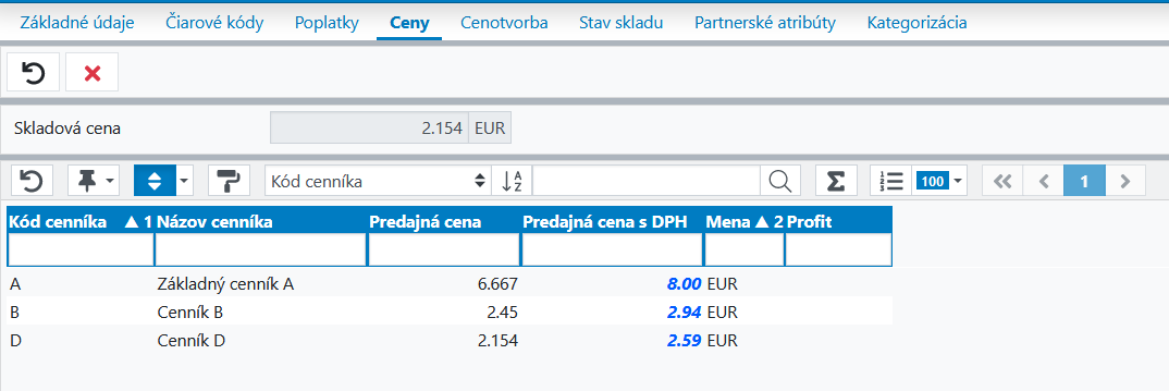 Skladová karta, záložka ceny